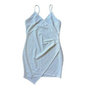 White Bodycon Dress Mini Surplice Spaghetti Strap Size L Large Asymmetrical Hem